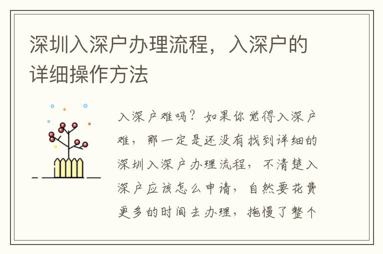 深圳入深戶辦理流程，入深戶的詳細操作方法